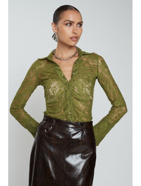 MIX AND MATCH Ellora Lace Shirt Olive Πράσινο  Δαντελένιο Πουκάμισο